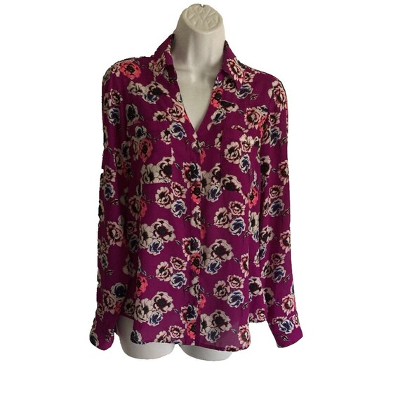 Express The Portofino Shirt Womens Sz Small Purple Floral Roll Tab Sleeve Mod - Picture 11 of 11